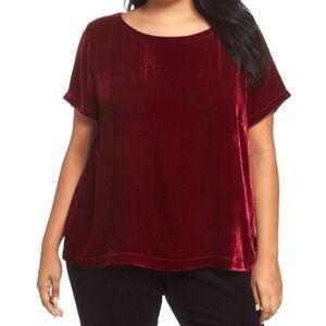 EILEEN FISHER Velvet Bateau-Neck Top Women’s Size L Short Sleeves Silk Blend Red